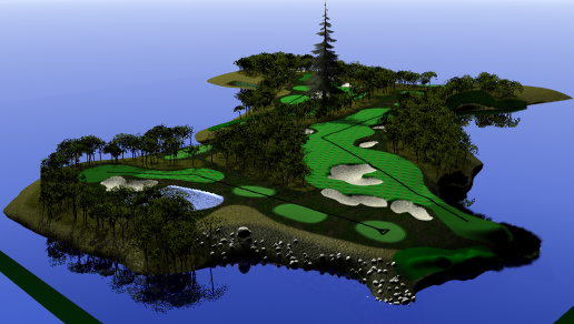 Raytraced scene of golf course island