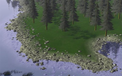 Raytraced scene showing coniferous forest and rocky shoreline