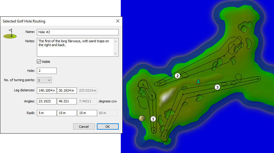 Screenshot of golf hole routing dialog alongside map showing three routings